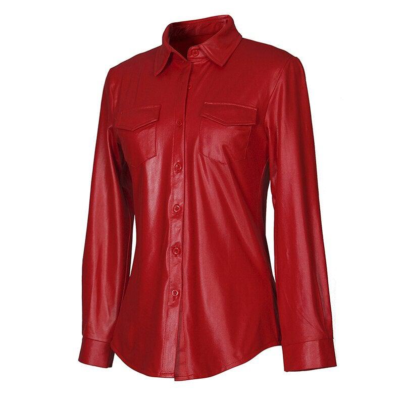 Nightclub Women's Genuine Leather Buttoned Long Sleeve Shirt-Leather Tops-Inland Leather Co-Inland Leather Co