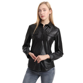 Nightclub Women's Genuine Leather Buttoned Long Sleeve Shirt-Leather Tops-Inland Leather Co-Inland Leather Co