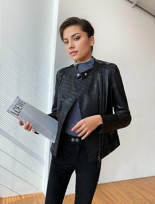 Quaz Womens Streetwear Women's Vintage Sheepskin Leather Coat-Womens Leather Coat-Inland Leather Co.-Black-XXL-Inland Leather Co.
