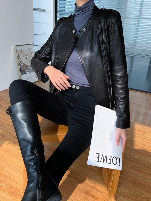 Quaz Womens Streetwear Women's Vintage Sheepskin Leather Coat-Womens Leather Coat-Inland Leather Co.-Black-XXL-Inland Leather Co.