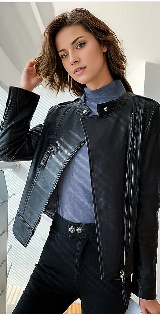 Inland Leather Co. Quaz Womens Streetwear Women s Vintage Sheepskin Leather Coat Black L