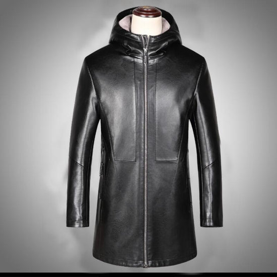 Sewn Mens Fur Lined 3/4 Length Hooded Leather Coat