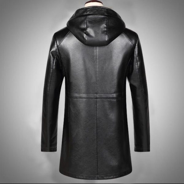 Sewn Mens Fur Lined 3/4 Length Hooded Leather Coat