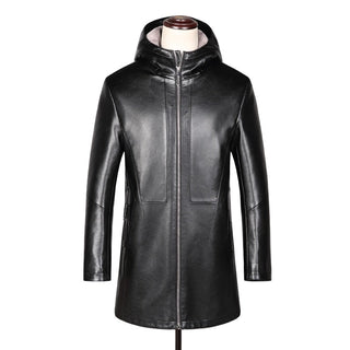 Sewn Mens Fur Lined 3/4 Length Sheep Leather Coat-Mens Leather Coat-Inland Leather Co.-Black-L-Inland Leather Co.