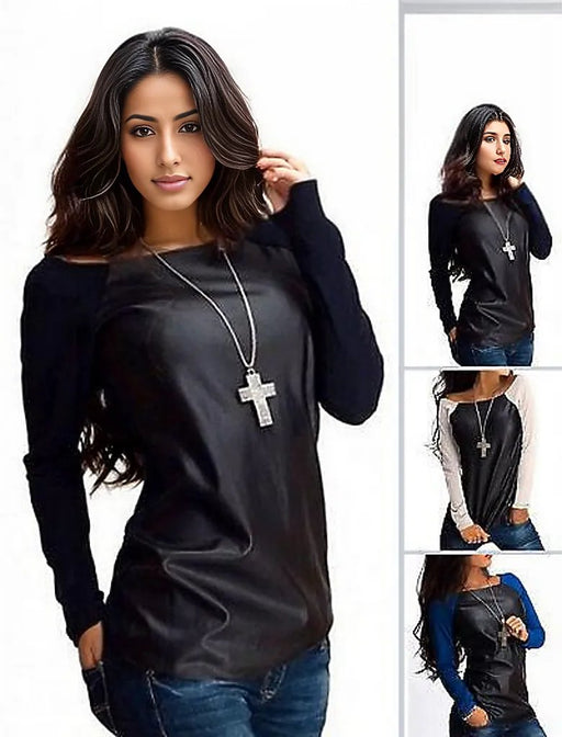 Sexy Womens Leather Long Sleeve T-Shirt-Leather Tops-Inland Leather Co-Inland Leather Co