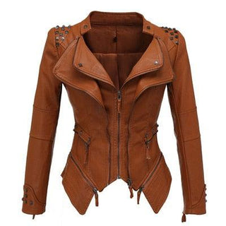 Sheryl Women's Moto Faux Leather Jacket-Womens Faux Leather Jacket-Inland Leather Co-Brown-6XL-Inland Leather Co.