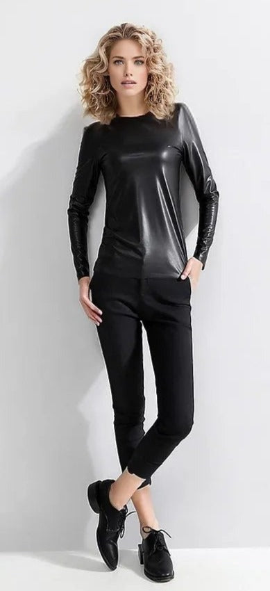 Sleek Womens Long Sleeve Leather T Shirt-Leather Tops-Inland Leather Co-Inland Leather Co