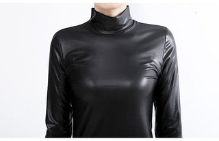 Sleek Womens Long Sleeve Leather T Shirt-Leather Tops-Inland Leather Co-Inland Leather Co