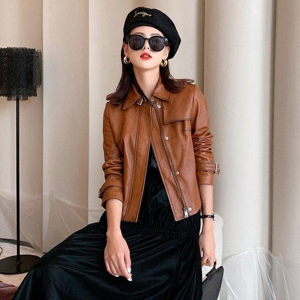 Stella Womens Vintage Sheepskin Coat Moto Biker Jacket-Womens Leather Jacket-Inland Leather Co.-Brown-XXL-Inland Leather Co.