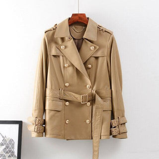 Supreme Women's Real Sheep Leather Coat Double Breasted-Womens Leather Coat-Inland Leather Co.-Khaki-XL Bust 96cm-Inland Leather Co.