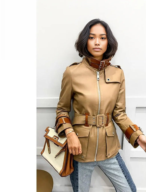 Tan Womens Natural Sheepskin Coat 100% Streetwear Real Leather Coat-Womens Leather Coat-Inland Leather Co.-Khaki-XXXL-Inland Leather Co.
