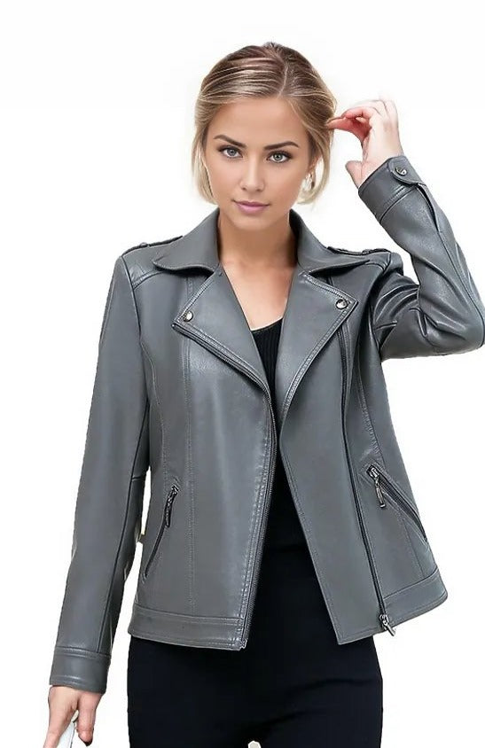 Ladies leather hotsell jacket grey