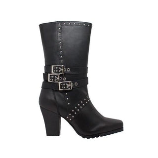 Women's 12" Heeled Buckle Boot Black Leather Boots-Womens Leather Boots-Inland Leather Co-Inland Leather Co