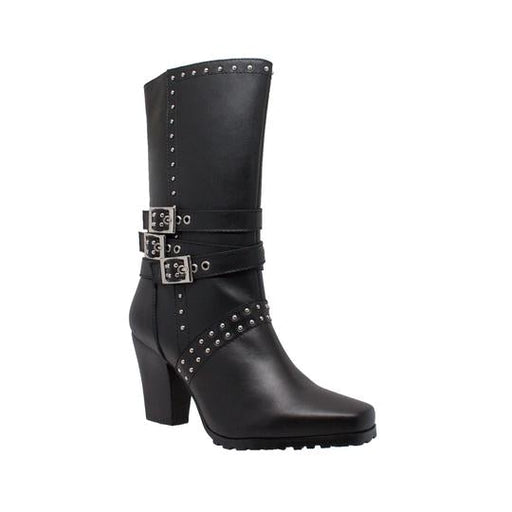 Women's 12" Heeled Buckle Boot Black Leather Boots-Womens Leather Boots-Inland Leather Co-6-Black-M-Inland Leather Co
