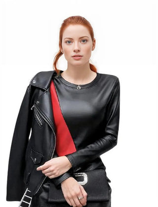 Women's Autumn Long Sleeve Genuine Leather Blouse-Leather Tops-Inland Leather Co-red-M-Inland Leather Co.