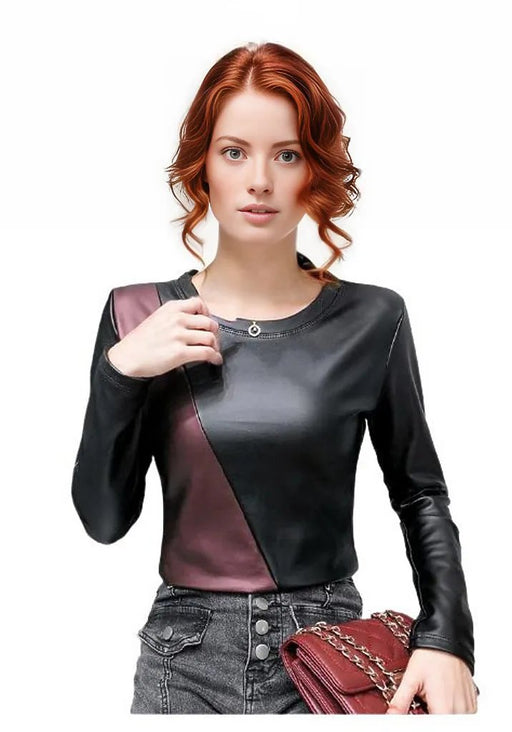 Women's Autumn Long Sleeve Genuine Leather Blouse-Leather Tops-Inland Leather Co-Inland Leather Co.