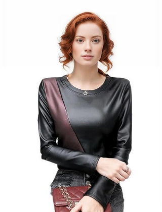 Women's Autumn Long Sleeve Genuine Leather Blouse-Leather Tops-Inland Leather Co-wine red-XXL-Inland Leather Co.