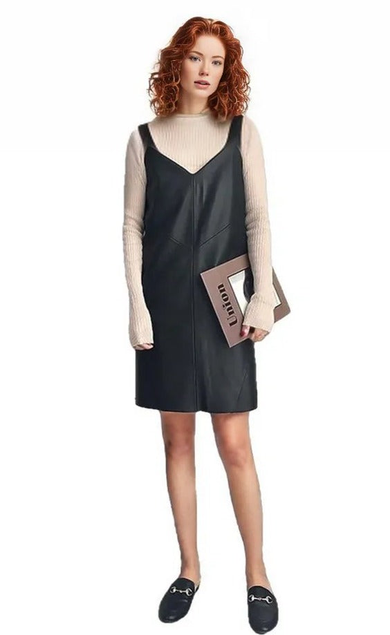 Women s Casual V neck Genuine Leather Dress