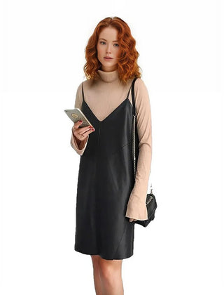 Women's Casual V-neck Genuine Leather Dress-Leather Tops-Inland Leather Co-Inland Leather Co.