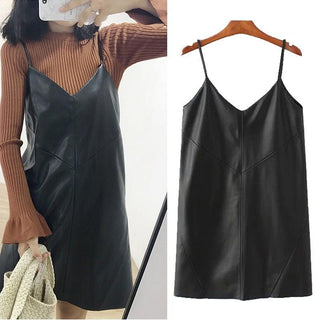Women's Casual V-neck Genuine Leather Dress-Leather Tops-Inland Leather Co-Black-L-Inland Leather Co.